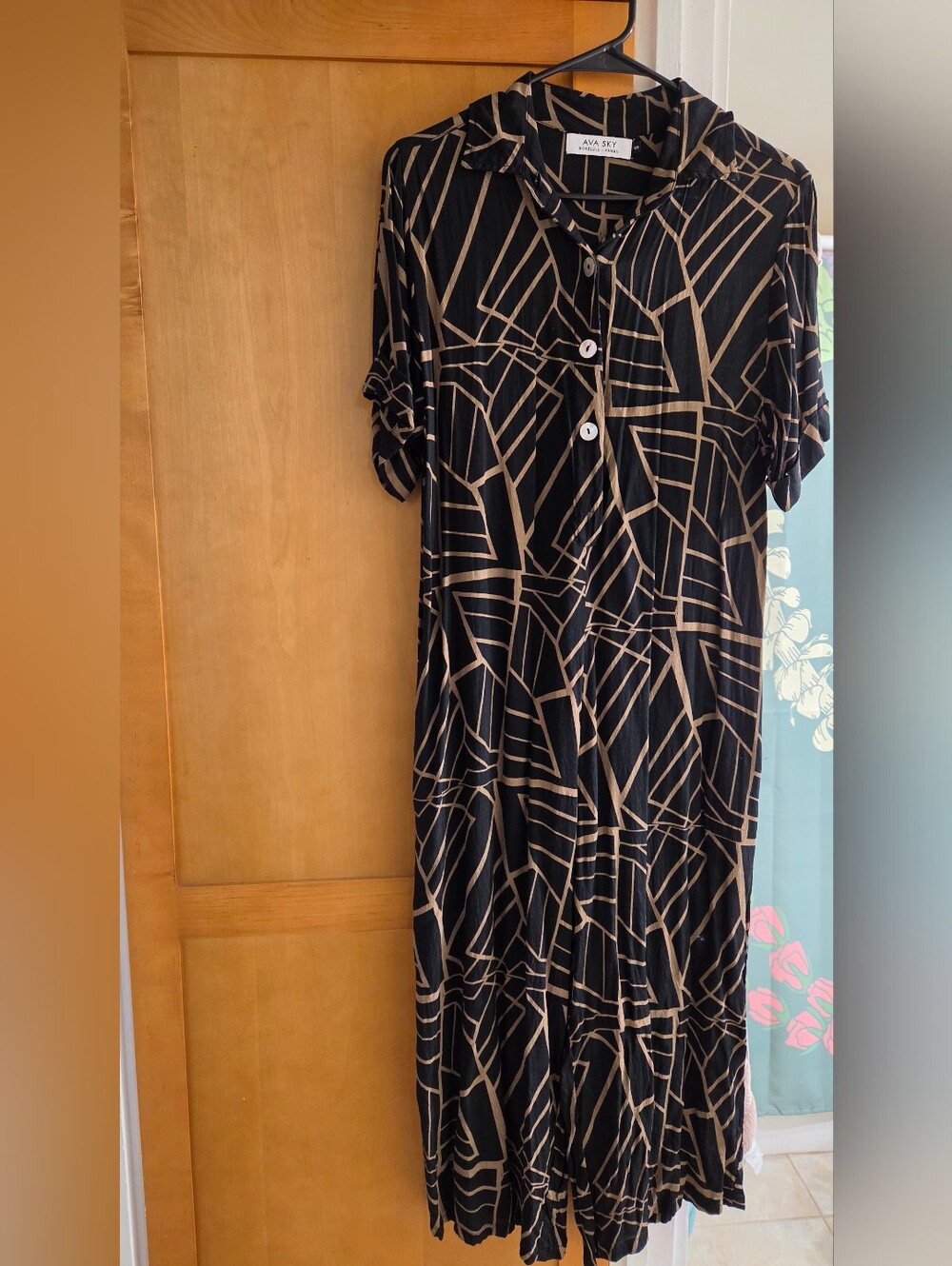 Ava Sky Black Jumpsuit with Tan Geometric Print